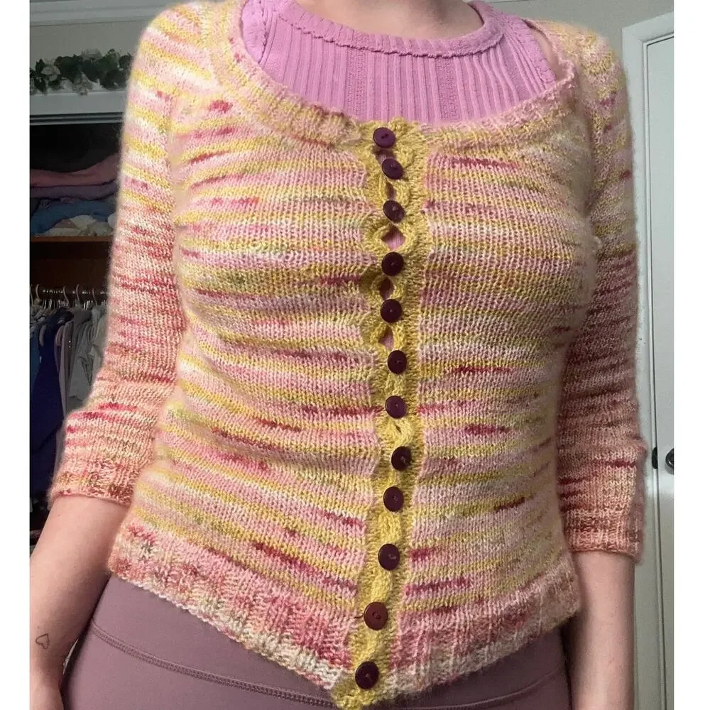 Handmade Knit Merino Wool Yellow Pink Button Up Cardigan Sweater Spring